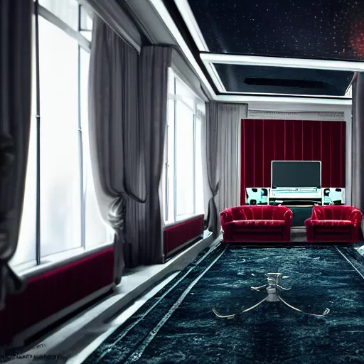 Image similar to A photorealistic music studio, Paris hotel style, red velvet furniture, light rays coming out of the windows, the windows have a view on Paris, raytracing, highly detailed, futuristic, unreal engine 5, photoscanned, photorealistic,