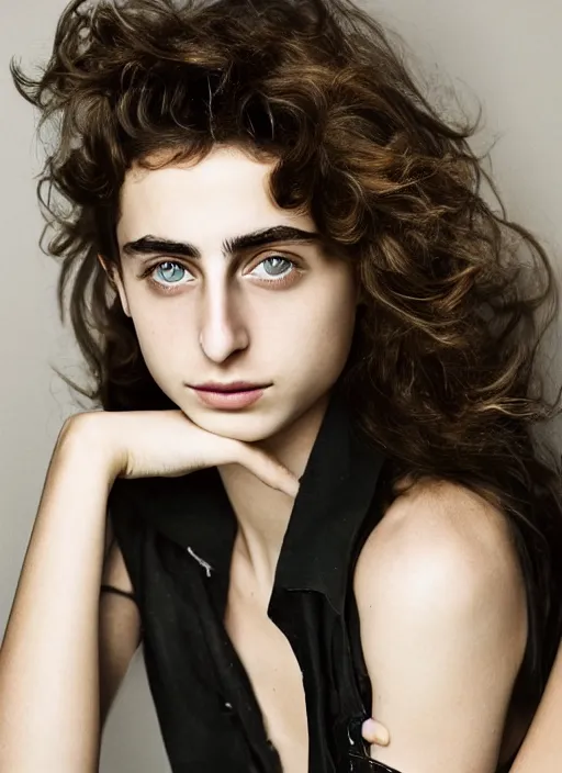 Prompt: portrait of beautiful female timothee chalamet by mario testino, headshot, detailed, award winning, sony a 7 r