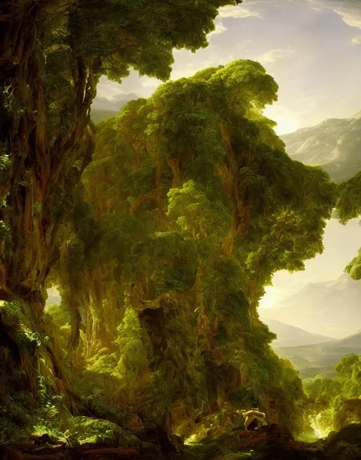 Prompt: an big ancient greek statue lost in a gigantic forest by thomas cole, painting, cinematography, epic lighting,