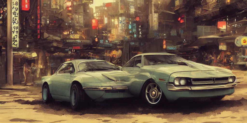 Image similar to retro car in a japanese city, 4 k, greg rutkowski, highly detailed, retrofuturistic, artstation