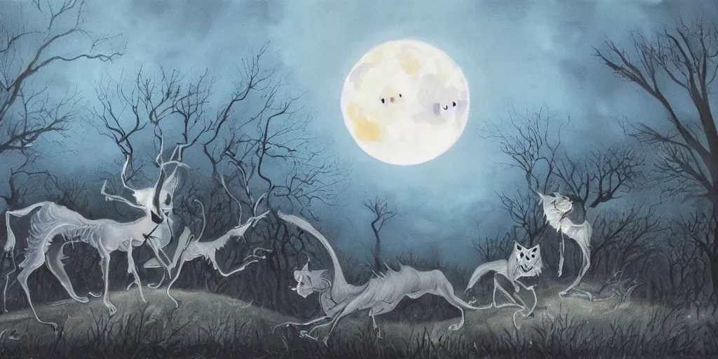 Image similar to painting of ghostly creatures prowling through the full moon night