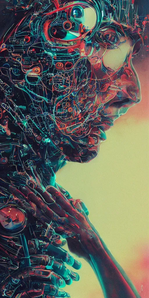 Image similar to portrait of computer & circuits, melting, ninja, 8 k, by tristan eaton, stanley artgermm, tom bagshaw, greg rutkowski, carne griffiths, ayami kojima, beksinski, giger, trending on deviantart, face enhance, hyper detailed, minimalist, cybernetic, android, blade runner, full of colour, super detailed