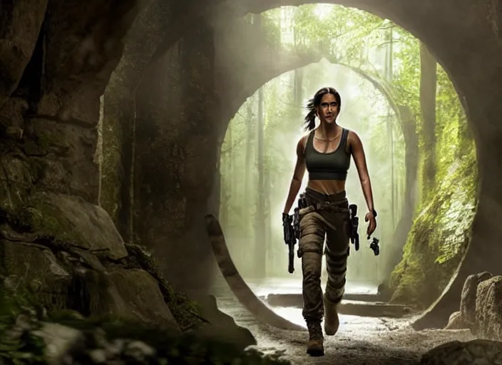 Image similar to film still of!!!! naomi scott!!! as lara croft in new tomb raider movie, 8 k