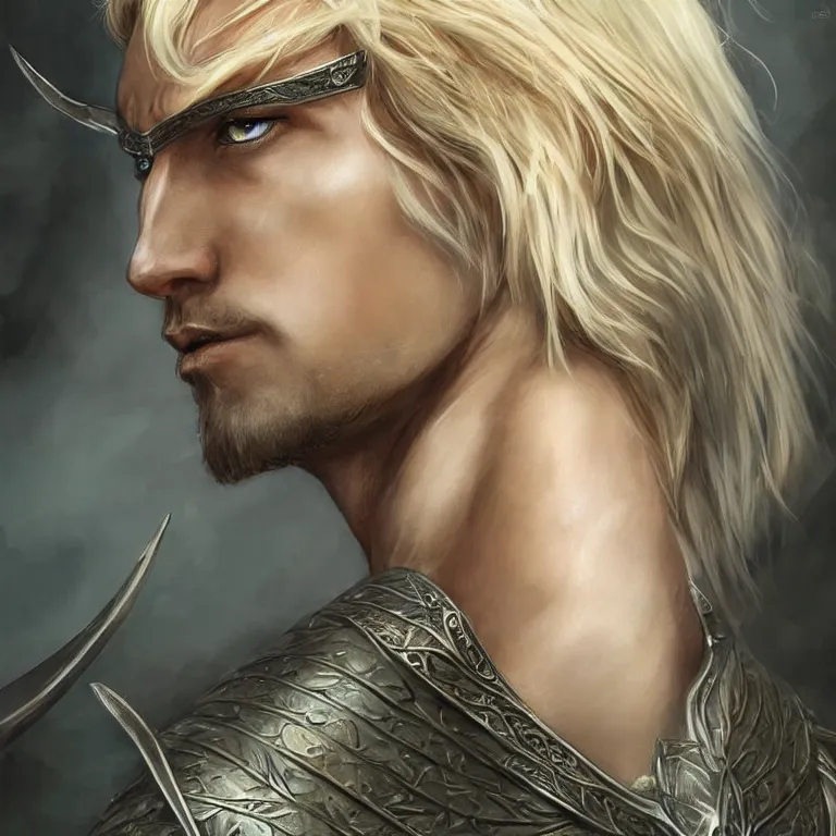 Image similar to elvish blonde male warrior, lord of the rings style, realistic, full body, fantasy, elvish, sharp focus, 8 k high definition, character portrait, portrait, close up, concept art, insanely detailed, intricate, elegant, art by stanley lau and artgerm