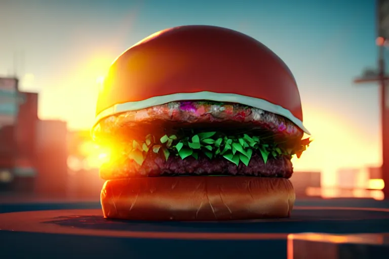 Prompt: huge diamond burger, ray tracing, rtx, sunlight, many details, octane render, high quality, 8 k