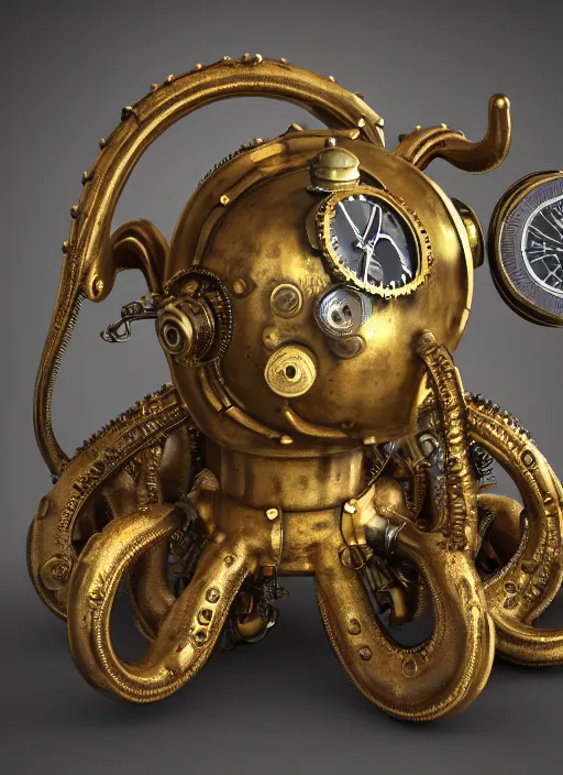 Prompt: symmetrical brass steampunk octopus wearing a vintage diving helmet. clockwork. gears, pipes. goggles. rivets. unreal engine. octane render. highly detailed.