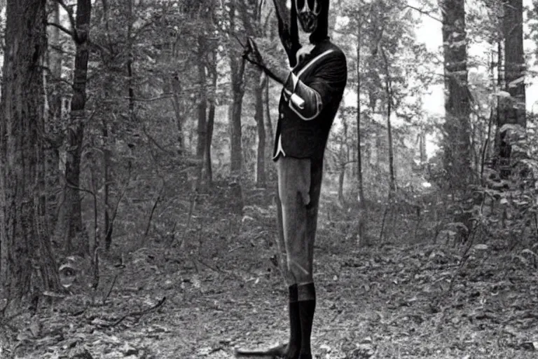 Prompt: an very old photo of slenderman in the forest