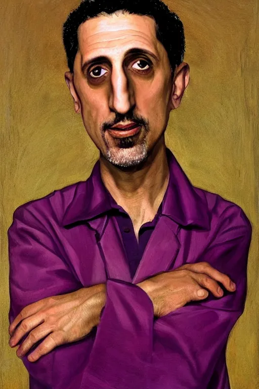Prompt: Isaak Brodsky portrait painting of John Turturro as the Jesus from The big Lebowski, wearing purple felt bowling suit, realism