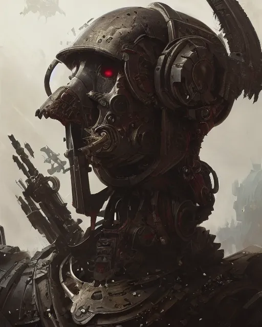 Image similar to hyper realistic portrait of heroic warhammer android head, cinematic, chaos marine, khorne artstation, cgsociety, full head and shoulders, greg rutkowski, james gurney, mignola, craig mullins, brom