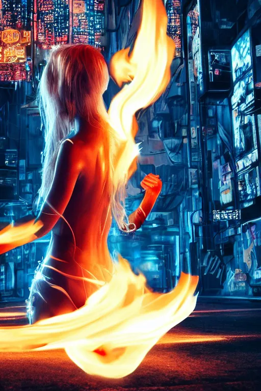 Image similar to young blonde woman from behind with flames dancing on her hands with a long jacket in a cyberpunk city, realistic, high definition, 4K, shimmering color, epic digital art