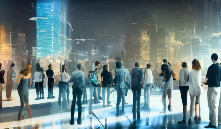 Image similar to group of people in simple warehouse, looking at hologram of futuristic city on a table, cinematic concept art, godrays, golden hour, natural sunlight, 4 k, clear details, tabletop model buildings, center model buildings, hologram center, crane shot, crane shot, crane shot