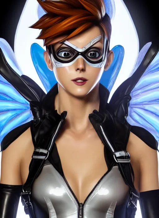 Image similar to portrait bust digital artwork of tracer overwatch, wearing white iridescent rainbow latex and leather straps catsuit outfit, 4 k, expressive happy smug expression, makeup, in style of mark arian, angel wings, wearing detailed black leather collar, chains, black leather harness, detailed face and eyes,