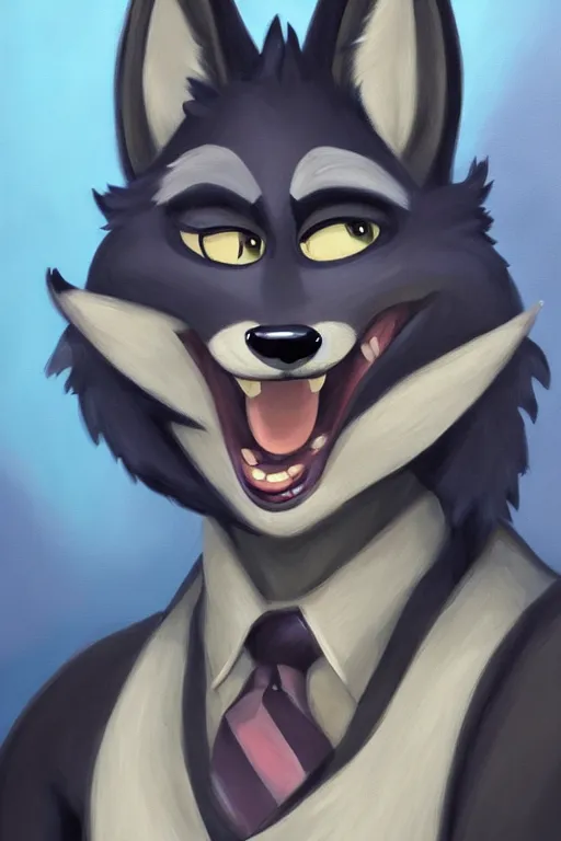 Image similar to oil painting of anthromorphic female wolf, in style of zootopia, female fursona, furry, furaffinity, 4 k, deviantart, furry art, fursona art, wearing black business suit, business suit, wolf fursona, female, very expressive detailed feminine face,