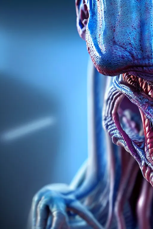 Image similar to hyperrealistic close-up alien! highly detailed concept art eric zener elson peter cinematic hard blue lighting high angle hd 8k sharp shallow depth of field, inspired by David Paul Cronenberg and Zdzisław Beksiński