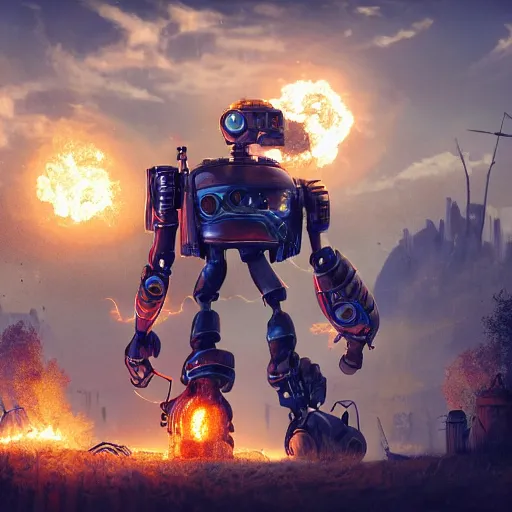 Prompt: a steampunk landscape, robot, fire, ash, electricity lightning, furry, soft, concept art, sharp focus, intricate details, highly detailed, photorealistic, disney pixar, octane render, iridescent, anime, field of view