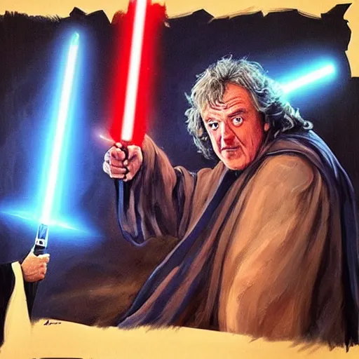 Image similar to “Jeremy Clarkson as a Sith dueling James may as a Jedi, with lightsabers, oil painting”