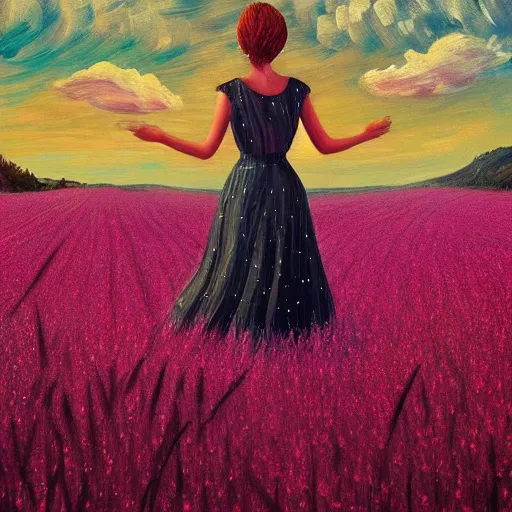 Image similar to giant pink daisy flower as a head, girl walking in wheat field, hills, surreal photography, dark night, star trails, dramatic light, impressionist painting, clouds, digital painting, artstation, simon stalenhag