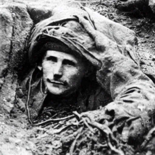 Image similar to a german world war 1 soldier in a trench staring at the camera, there are dead corpses around him, taken by a world war 1 camera.