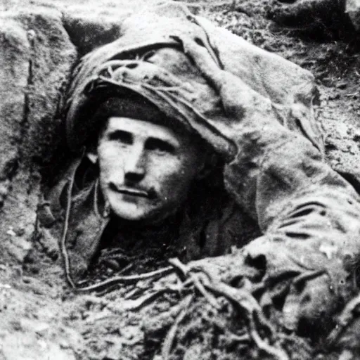 Prompt: a german world war 1 soldier in a trench staring at the camera, there are dead corpses around him, taken by a world war 1 camera.