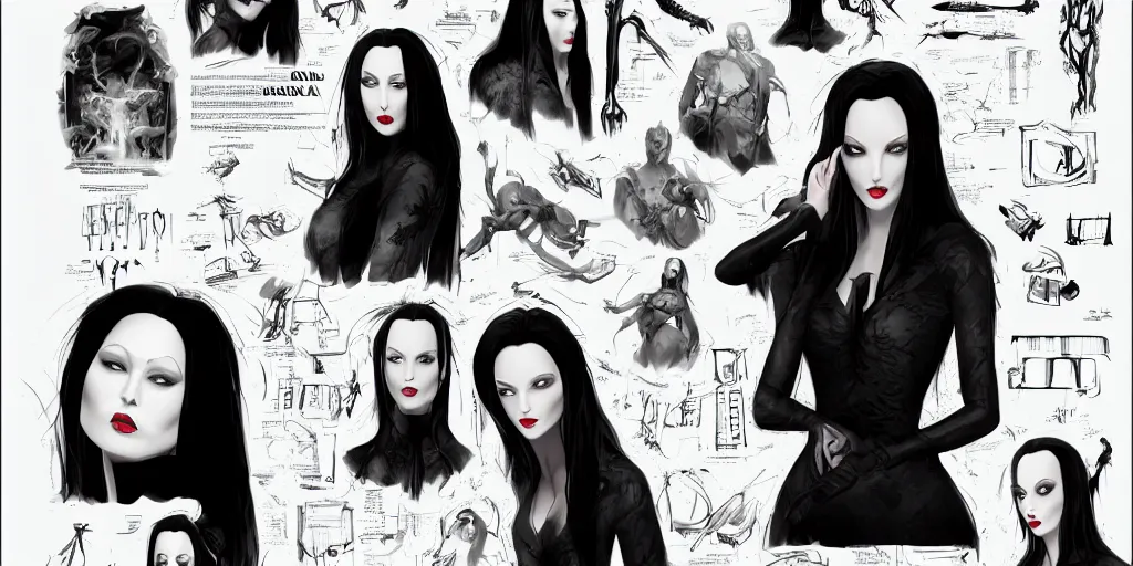 Prompt: morticia addams, character sheet, concept design, contrast, kim jung gi, greg rutkowski, zabrocki, karlkka, jayison devadas, trending on artstation, 8 k, ultra wide angle, pincushion lens effect