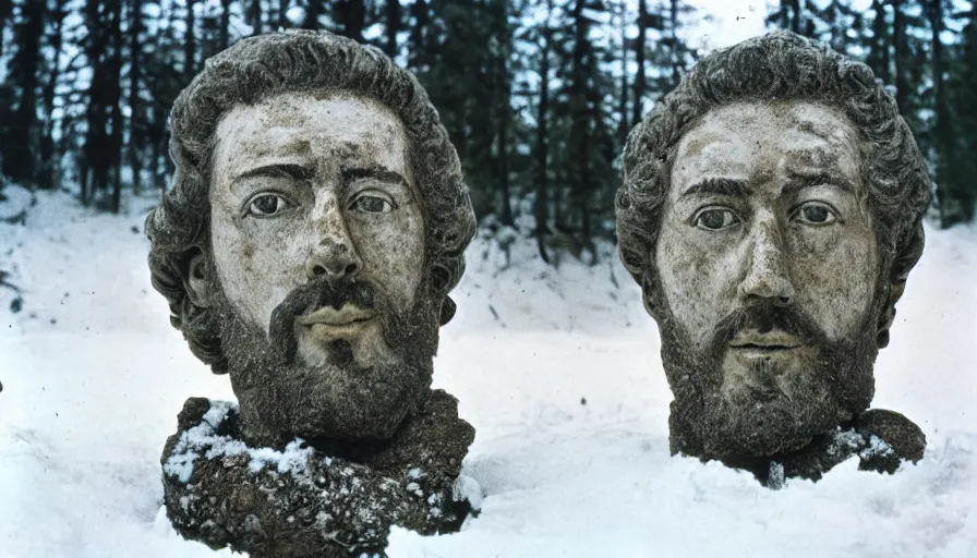 Prompt: 1 9 6 0 s movie still close up of marcus aurelius dirty face frozen to death under the snow on a river's shore with gravel, pine forests, cinestill 8 0 0 t 3 5 mm, high quality, heavy grain, high detail, texture, dramatic light, anamorphic, hyperrealistic, detailed hair foggy