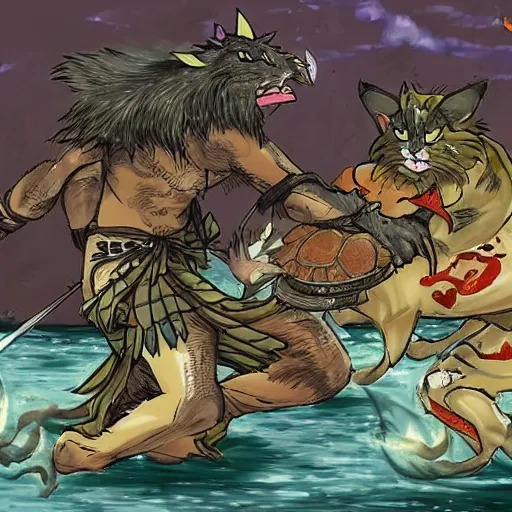 Prompt: warrior cats fighting over the sacred tuna high fantasy battle, traditional Japanese style