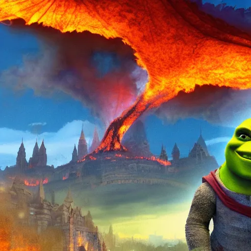 Image similar to shrek riding a fire breathing dragon over a city in flames, ethereal, matte painting