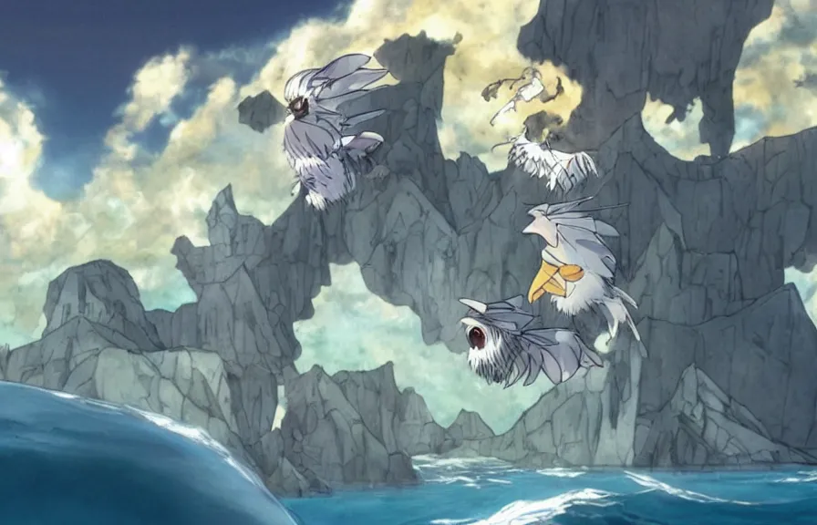 Image similar to a realistic cell - shaded cartoon of a griffon from howl's moving castle ( 2 0 0 4 ). in the background is a white pristine pyramid in the ocean. shafts of sunlight come from above. wide shot, very dull muted colors, hd, 4 k, hq