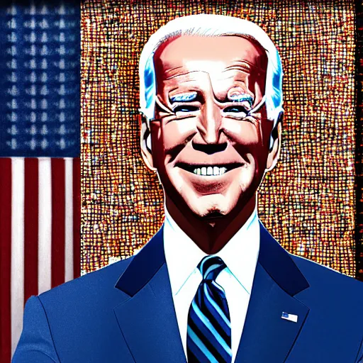 Image similar to portrait mosaic of joe biden with robot ears, 4k, intricate details, digital, sun in the background