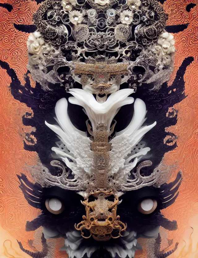 Image similar to goddess macro close - up portrait with crown and mask made of ram skull. beautiful intricately detailed japanese crow kitsune mask and clasical japanese kimono. betta fish, jellyfish phoenix, bioluminescent, plasma, ice, water, wind, creature, artwork by tooth wu and wlop and beeple and greg rutkowski