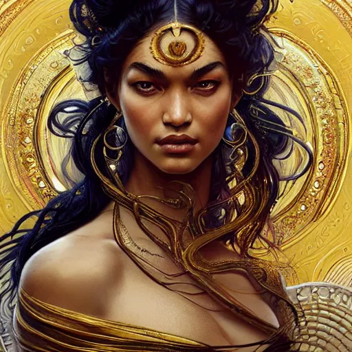 Image similar to Shanina Shaik as Medusa, intricate, elegant, highly detailed, digital painting, artstation, concept art, smooth, sharp focus, illustration, art by artgerm and greg rutkowski and alphonse mucha