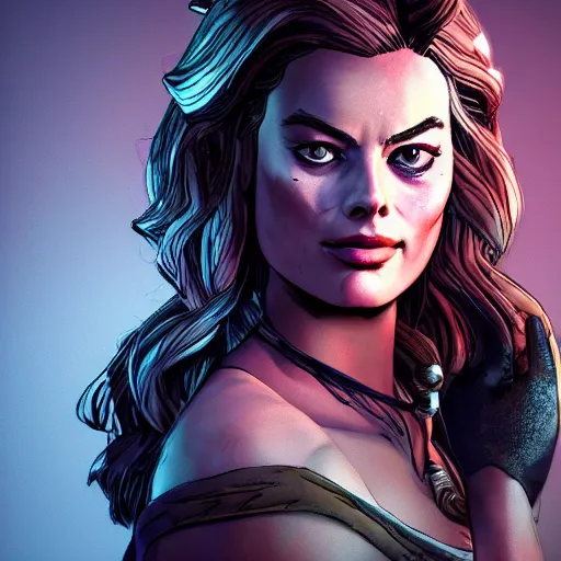 Image similar to margot robbie portrait, borderlands, tales from the borderlands, the wolf among us, comic, cinematic lighting, studio quality, 8 k