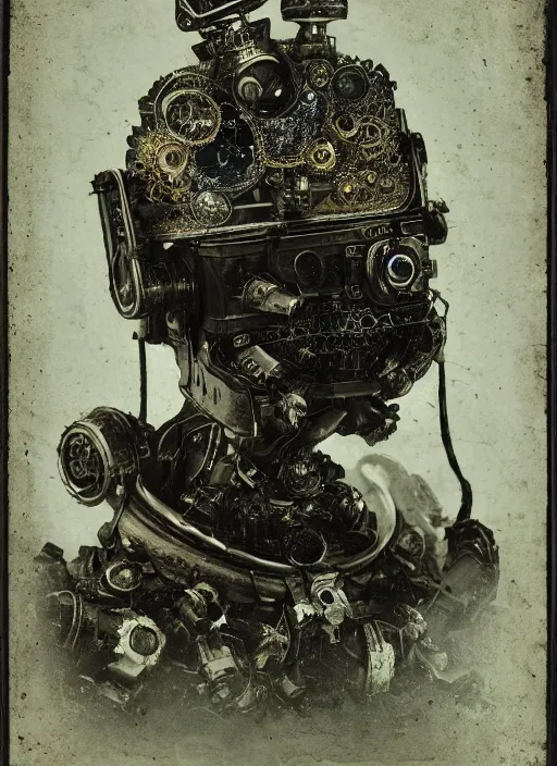 Image similar to old wetplate daguerreotype portrait of futuristic robot on fire, explosion of data fragments, fractal, intricate, elegant, highly detailed, parallax, leica, medium format, subsurface scattering, by jheronimus bosch and greg rutkowski and louis jacques mande daguerre