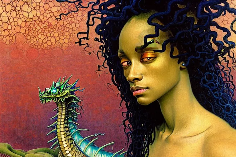 Image similar to realistic extremely detailed closeup portrait painting of a beautiful black woman, mutant dragon and a single old house on background by Jean Delville, Amano, Yves Tanguy, Ilya Repin, Alphonse Mucha, Ernst Haeckel, Edward Robert Hughes, Roger Dean, rich moody colours