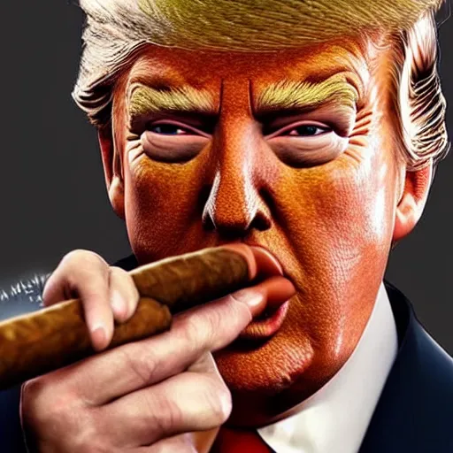 Image similar to a high quality photo of donald trump smoking a cigar, ultra realistic, artstation, cgsociety