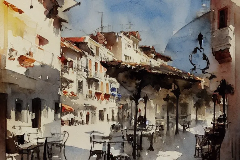 Image similar to abstract watercolor painting of spanish street, white buildings, summer, magical and traditional, cinematic light, french cafe, sharp shadows, daylight, national romanticism by anders zorn, by greg rutkowski, by greg manchess