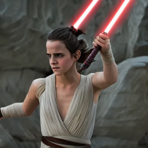 Image similar to Emma Watson modeling as Rey in Star Wars, (EOS 5DS R, ISO100, f/8, 1/125, 84mm, postprocessed, crisp face, facial features, principles of design)