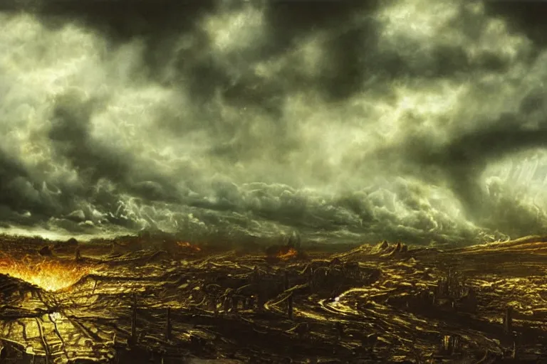 Prompt: dark landscape, ruinous, apocalyptic setting, sunshine through the billowing clouds, golden heavenly light contrasting with a hellish overworld, painting by h. r. giger