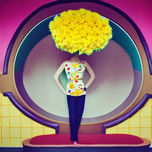 Image similar to giant flower head, frontal, girl standing in mid century hotel, surreal, symmetry, bright colors, cinematic, wes anderson