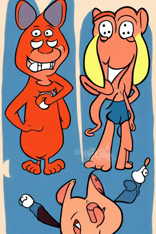 Prompt: cartoon drawing of ren and stimpy as older characters