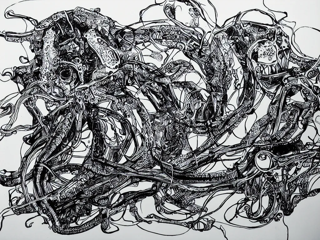 Prompt: a perfect fine art jet black fineliner marker drawing of a machine that will take a man into the psyche of a squid via a shattered dimension. pure agony