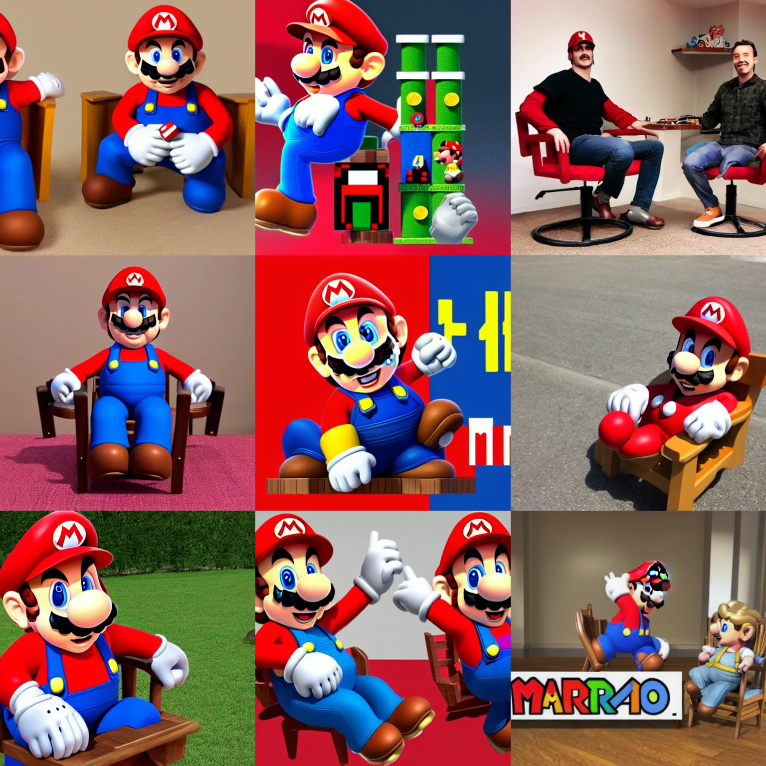 Prompt: Super Mario sitting in chair sitting in chair podcast sitting in chair podcast