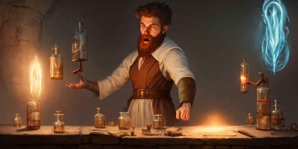 Prompt: a handsome bearded white male mage with brown hair he is casting a spell emanating from his hands, he is in a alchemist workshop filled with beakers and equipment, closed hands, sharp focus, waist up, trending on artstation, by greg rutkowski