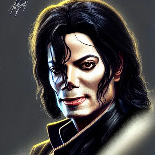 Image similar to Michael Jackson as John Wick, western, D&D, fantasy, intricate, elegant, highly detailed, digital painting, artstation, concept art, matte, sharp focus, illustration, art by Artgerm and Greg Rutkowski and Alphonse Mucha