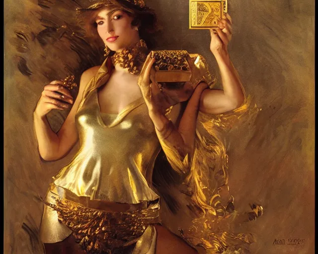 Image similar to attractive woman holding a golden bitcoin, commercial by annie liebovitz, gaston bussiere, craig mullins, j. c. leyendecker