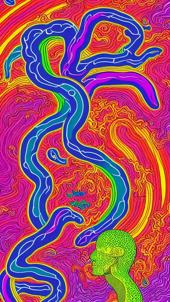 Prompt: a portrait of a lernaean hydra with human heads and psychedelic arms on an acid trip in a multicoloured rainbow in the cosmos, flat design, screen print by Kawase Hasui and alex grey, 8k unreal engine