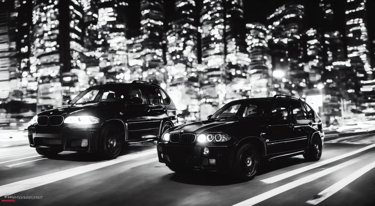 Image similar to photo of a black bmw x 5 2 0 0 3 at night driving fast through a city, cinematic, 4 k, long exposure photography, tokyo drift, fast and furious, kodak portra 4 0 0