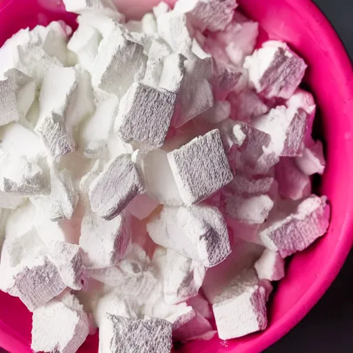 Image similar to white pink unjustifiable food chunks in styrofoam bowl,