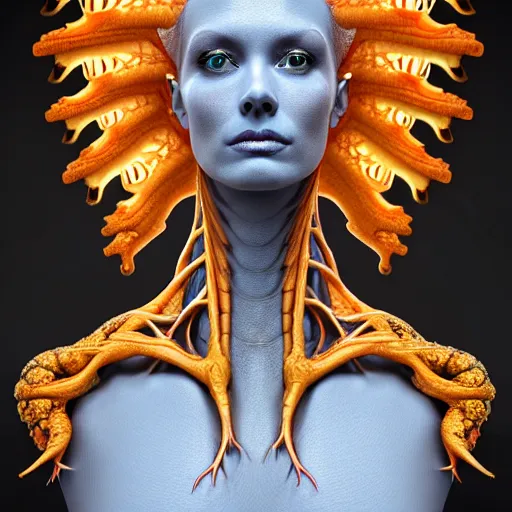 Image similar to a color high quality photo of a young beautiful female queen-dragon-cyborg bust with a very long neck and Mandelbrot fractal face, Mandelbrot fractal skin, flesh, anatomical, facial muscles, veins, arteries, elegant, highly detailed, flesh highly baroque ornate, hair are wired cables, elegant, high fashion, rim light, octane render, in the style of H.R. Giger and Flora Borsi, Realistic, Refined, Highly Detailed, Cinematic Lighting, rim light, photo-realistic, 8K