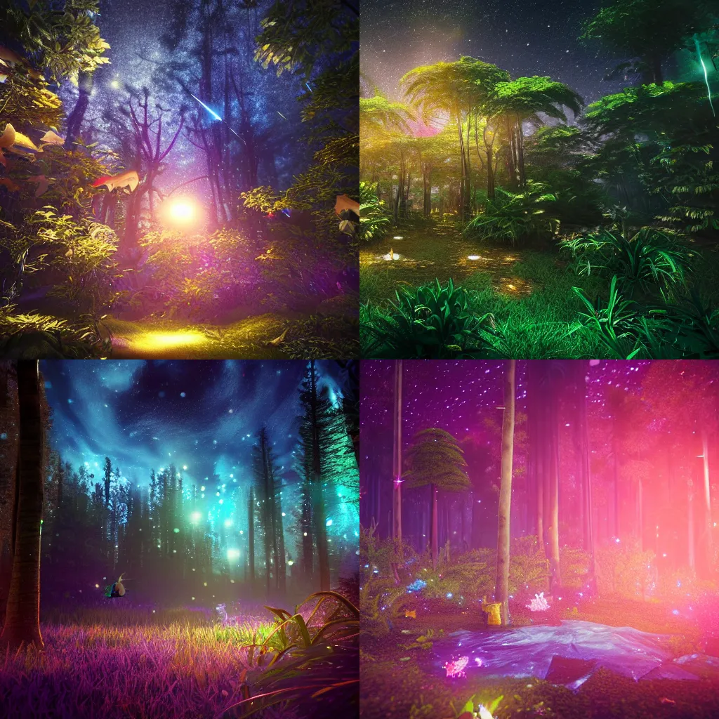 Prompt: beautiful lush magic mana forest, night sky with dazzling stars, fairies, fireflies, bokeh, octane render, unreal engine, raytracing, crystallized, intricate, hyper detailed, light rays
